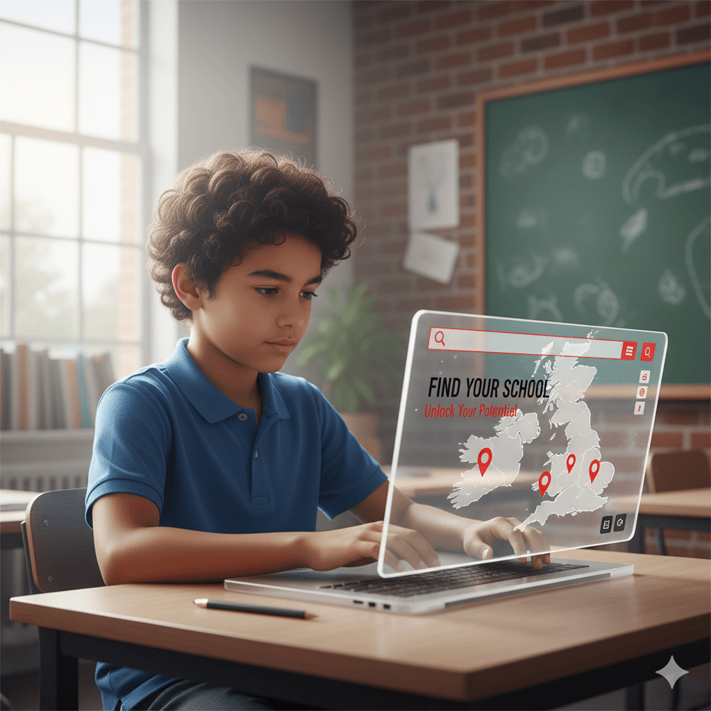 Kid searching for grammar schools on laptop